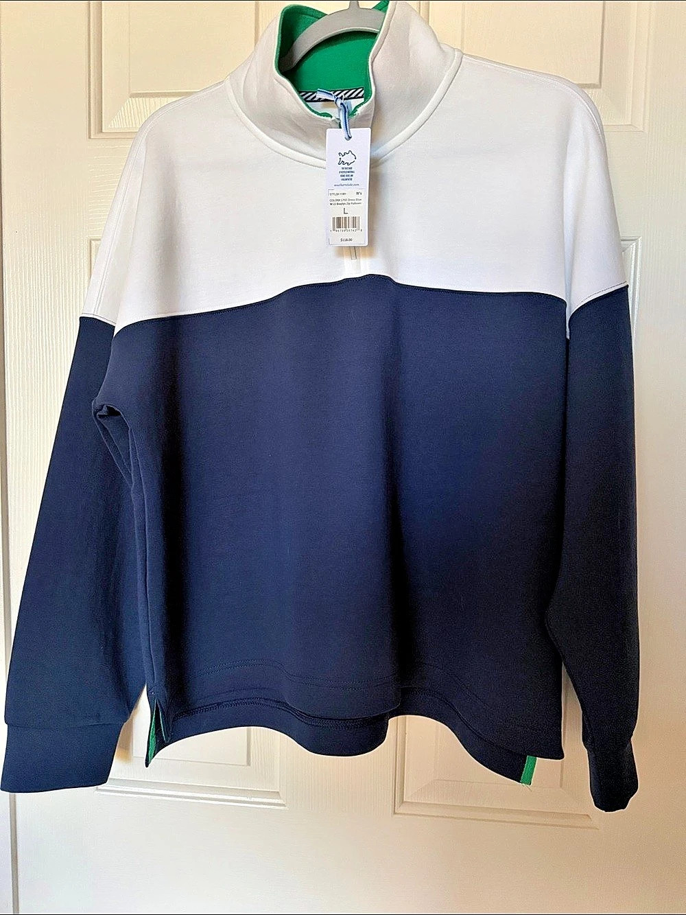 Southern Tide W LS Bralyn Zip Pullover Color Block Pullover in White & Blue Size